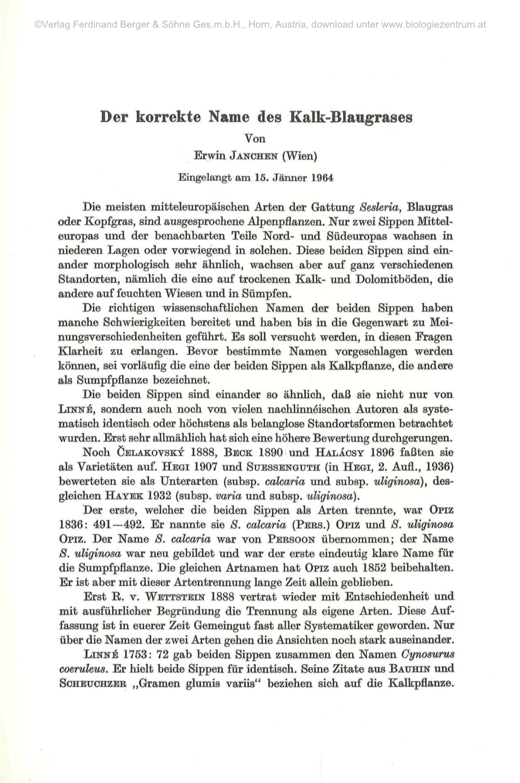 Der Korrekte Name Des Kalk-Blaugrases Von Erwin JANCHEN (Wien) Eingelangt Am 15