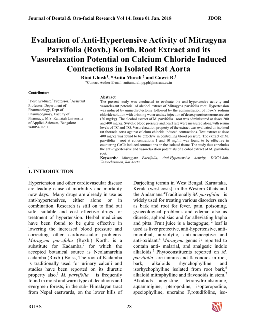 Evaluation of Anti-Hypertensive Activity of Mitragyna Parvifolia (Roxb.) Korth