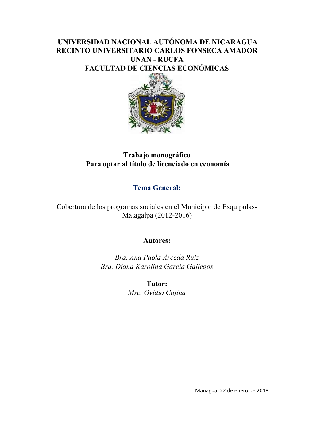 Universidad Nacional Autónoma De Nicaragua Recinto Universitario Carlos Fonseca Amador Unan - Rucfa Facultad De Ciencias Económicas