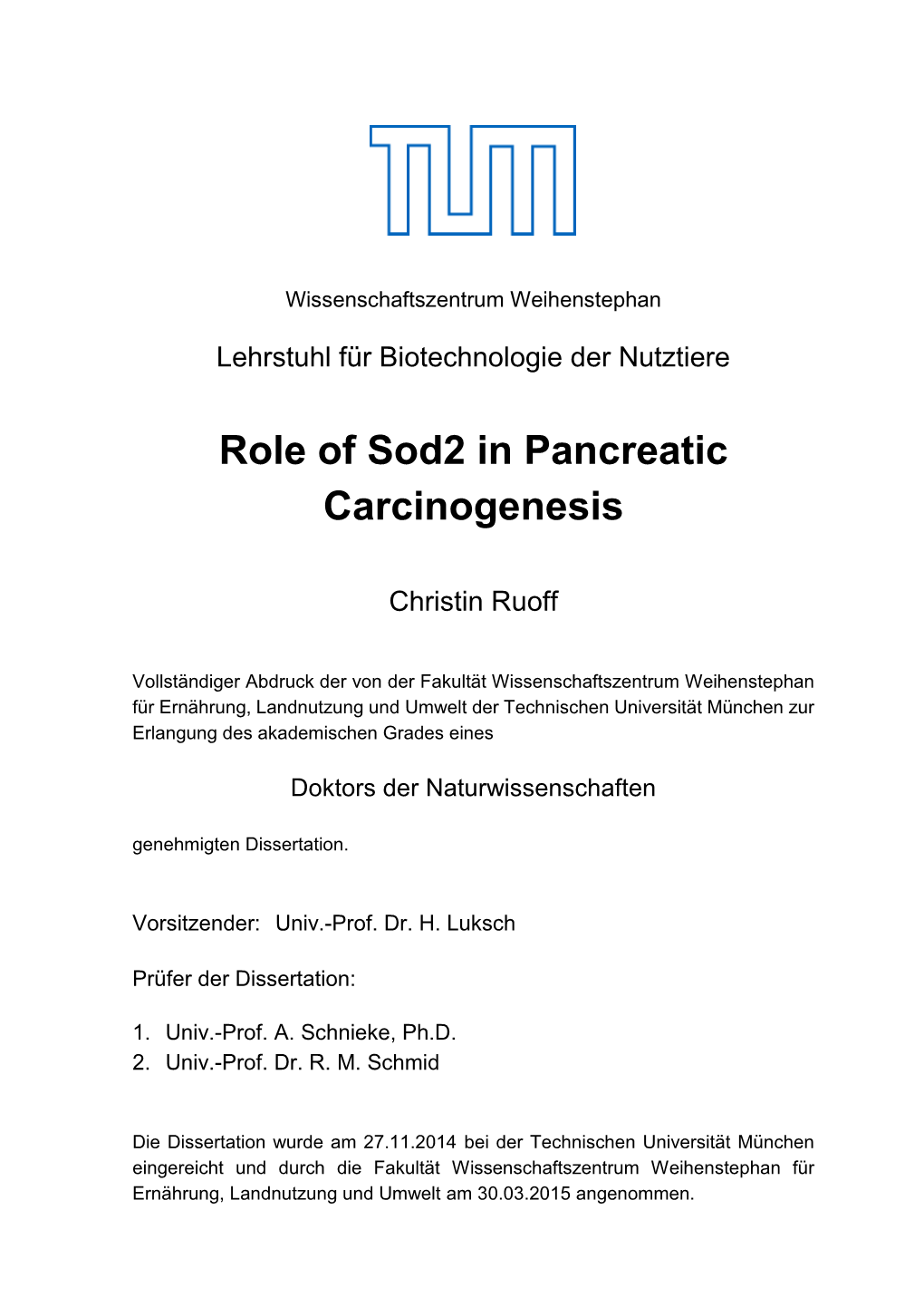 Role of Sod2 in Pancreatic Carcinogenesis