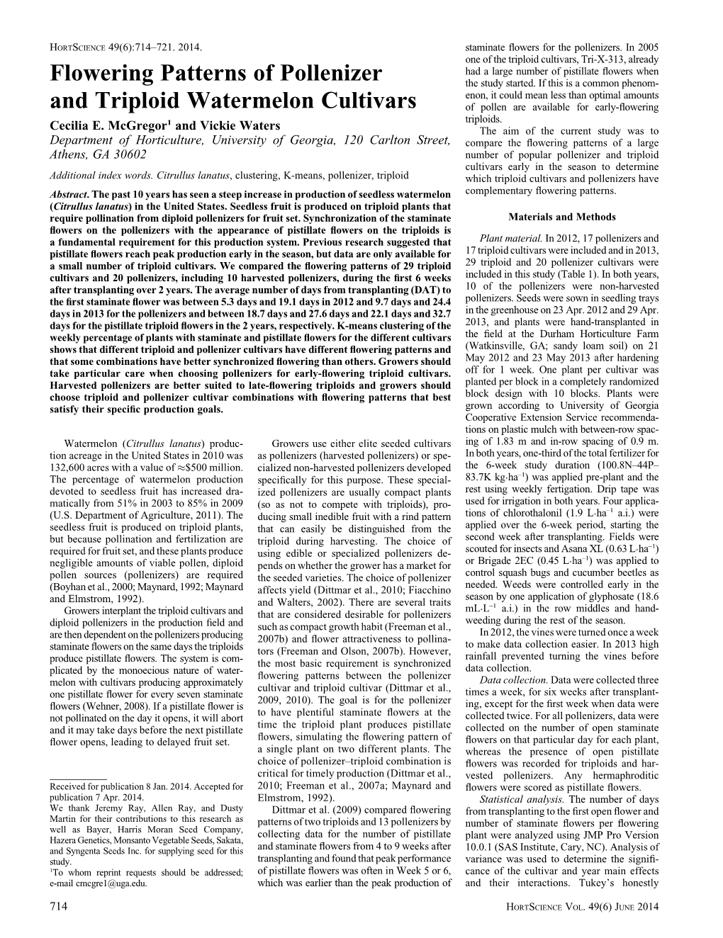 Flowering Patterns of Pollenizer and Triploid Watermelon Cultivars