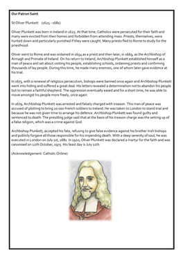 Our Patron Saint St Oliver Plunkett (1625