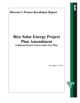 Rice Solar Energy Project Plan Amendment California Desert Conservation Area Plan