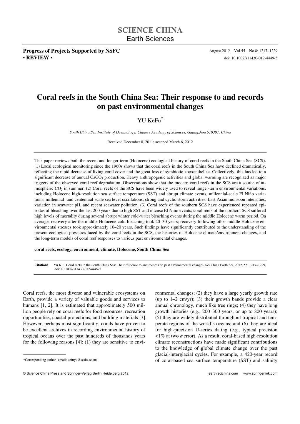 SCIENCE CHINA Coral Reefs in the South China