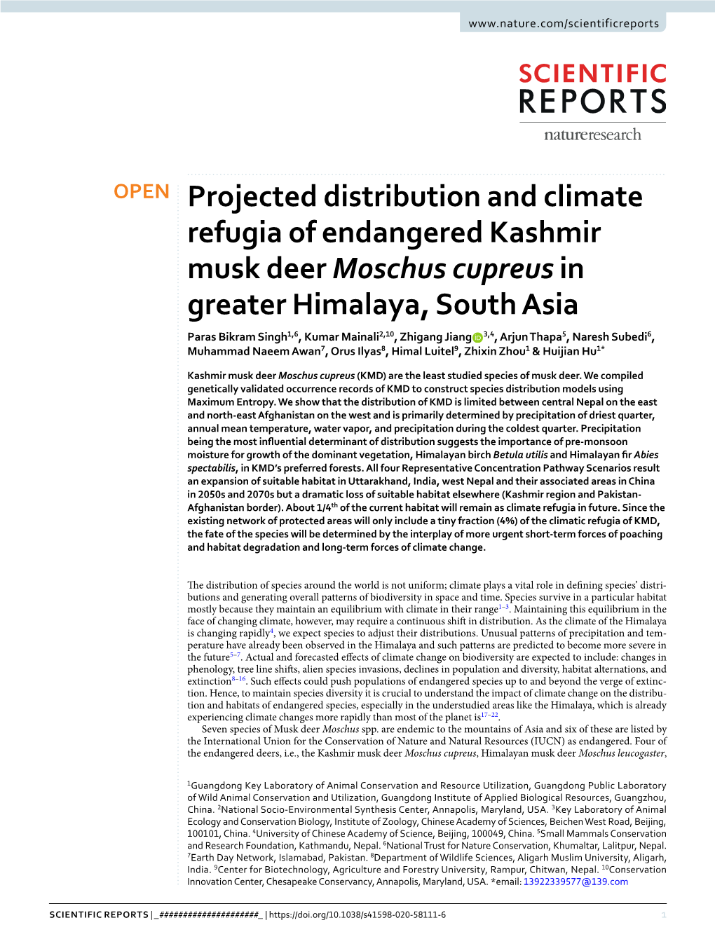 Projected Distribution and Climate Refugia of Endangered Kashmir