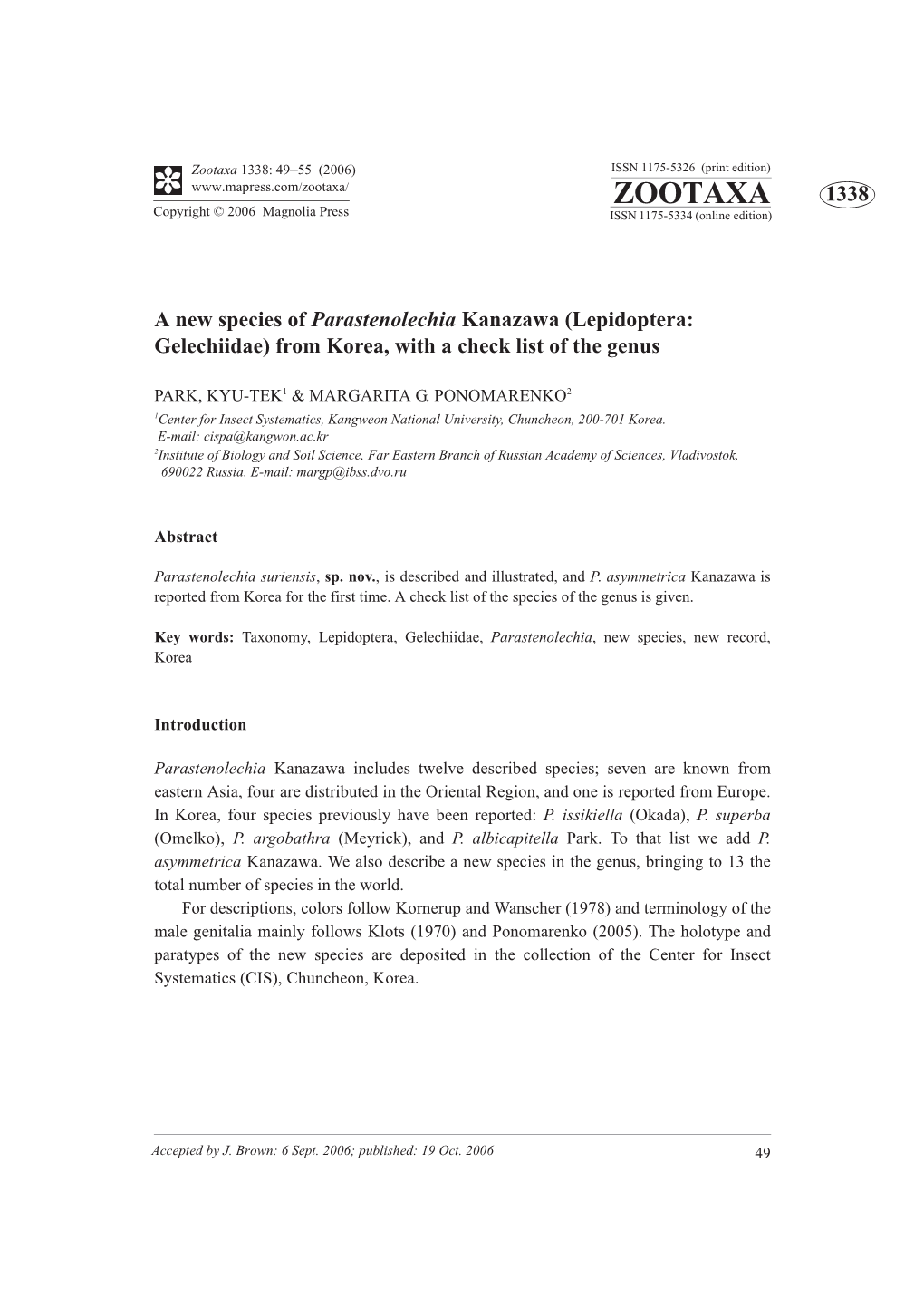 Zootaxa: a New Species of Parastenolechia