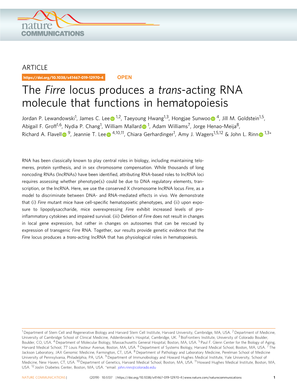 The Firre Locus Produces a Trans-Acting RNA Molecule That Functions in Hematopoiesis