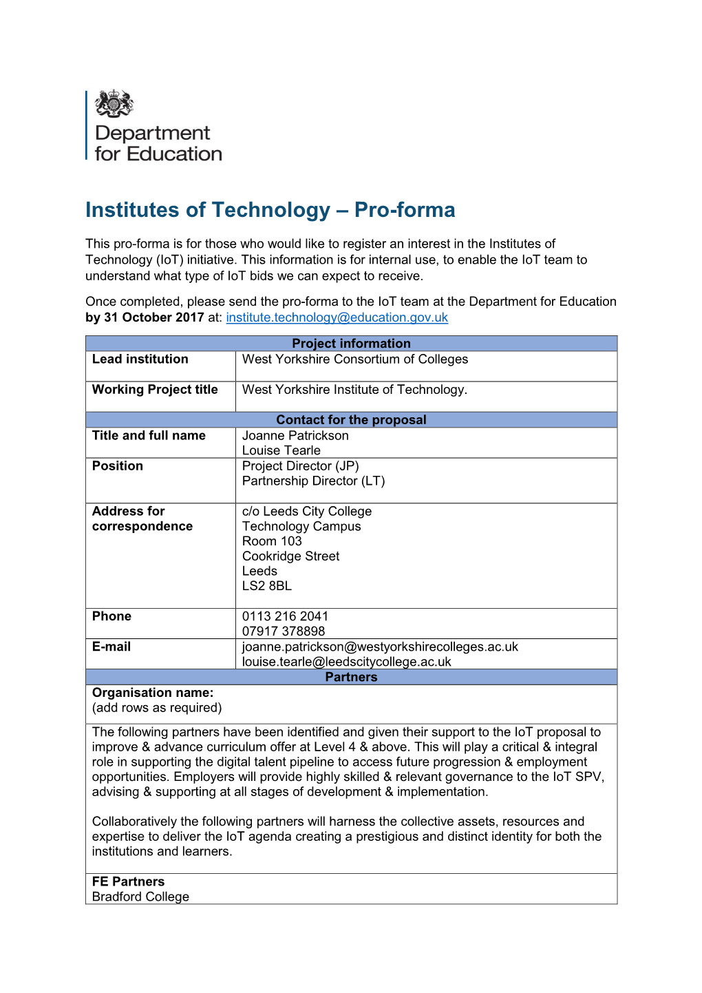 Institutes of Technology – Pro-Forma