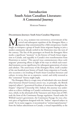 Introduction South Asian Canadian Literature: a Centennial Journey