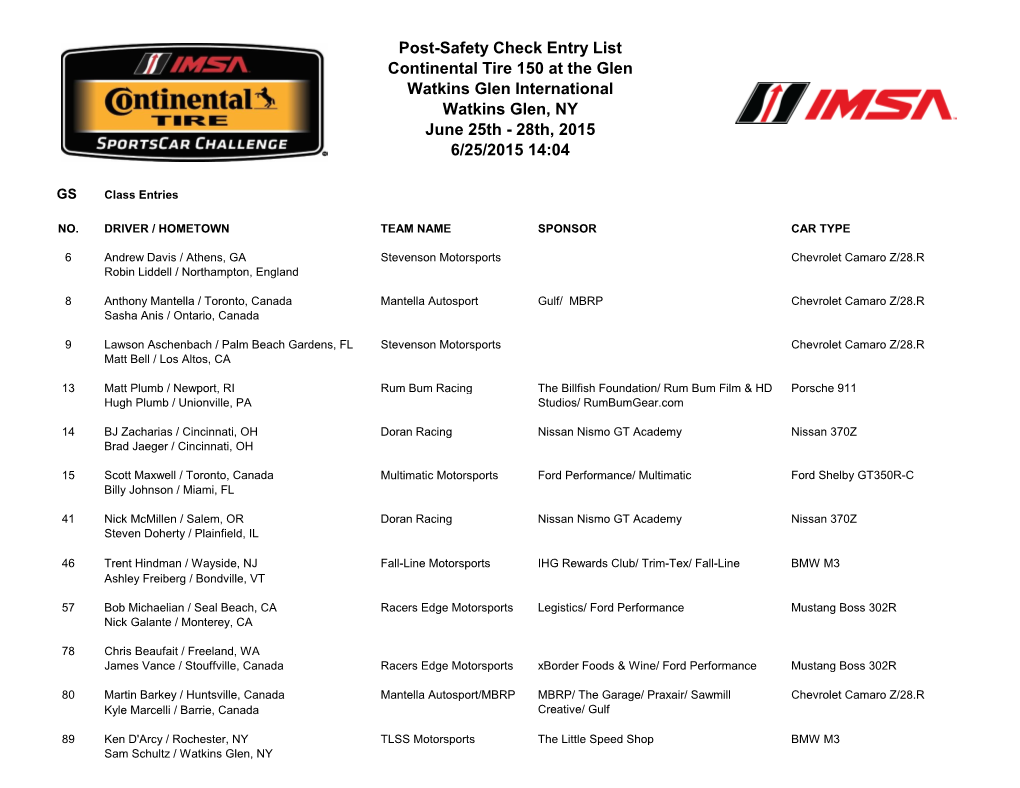 Entry List Continental Tire 150 at the Glen Watkins Glen International Watkins Glen, NY June 25Th - 28Th, 2015 6/25/2015 14:04