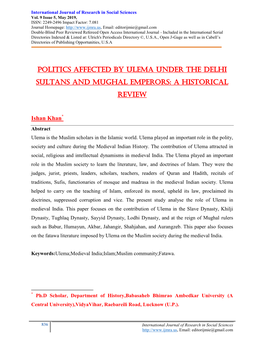 Politics Affected by Ulema Under the Delhi Sultans and Mughal Emperors: a Historical Review