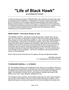 "Life of Black Hawk" As Dictated by Himself
