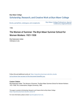 The Bryn Mawr Summer School for Women Workers: 1921-1938