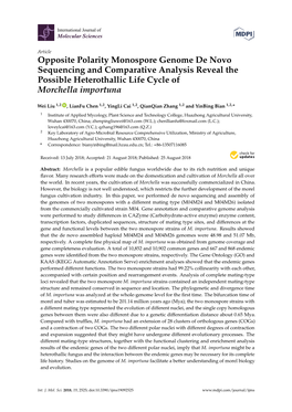 Opposite Polarity Monospore Genome De Novo Sequencing and Comparative Analysis Reveal the Possible Heterothallic Life Cycle of Morchella Importuna