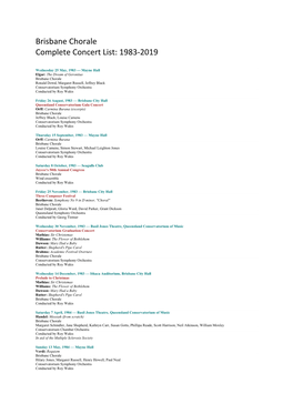 Brisbane Chorale Complete Concert List: 1983-2019