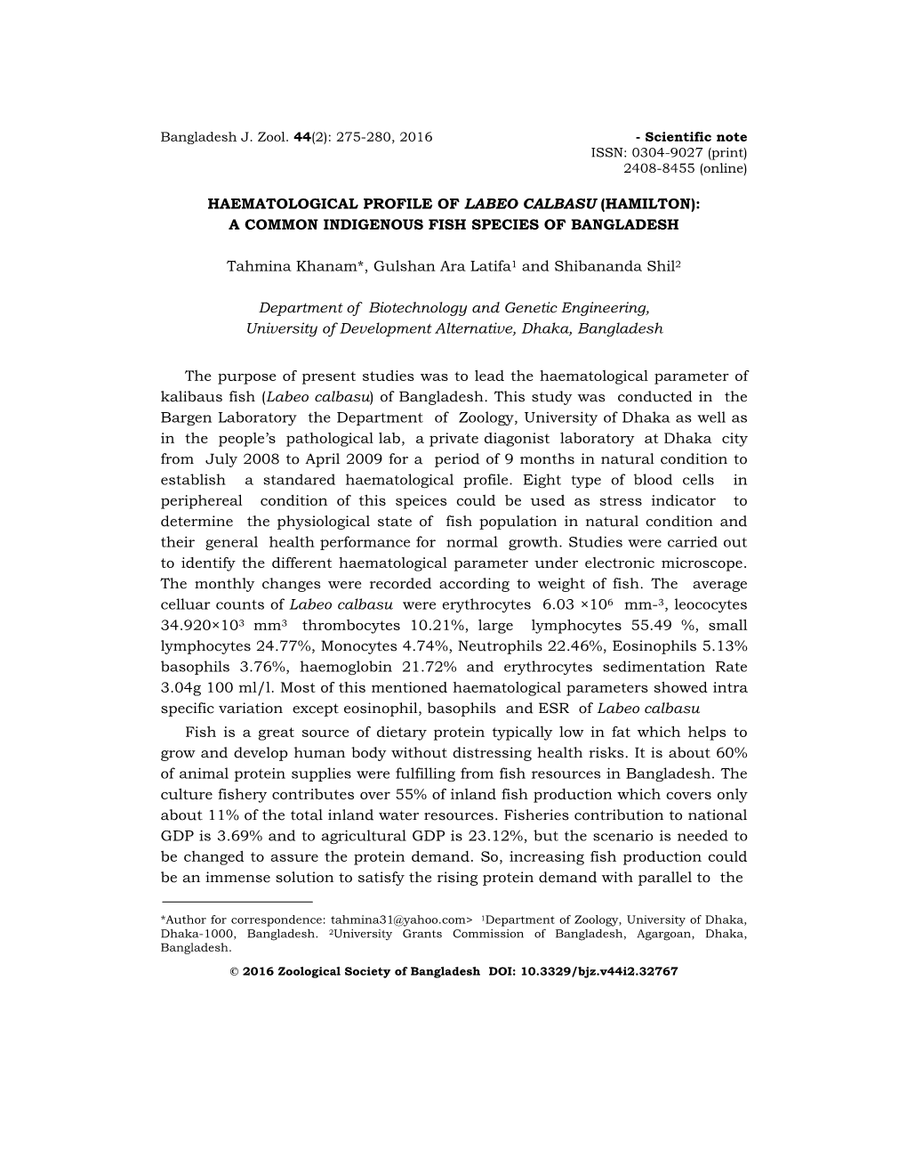 Haematological Profile of Labeo Calbasu (Hamilton): a Common Indigenous Fish Species of Bangladesh