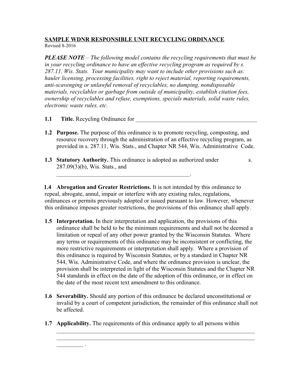 Sample Responsible Unity Recycling Ordinance