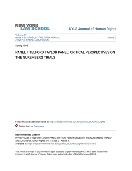 Telford Taylor Panel: Critical Perspectives on the Nuremberg Trials