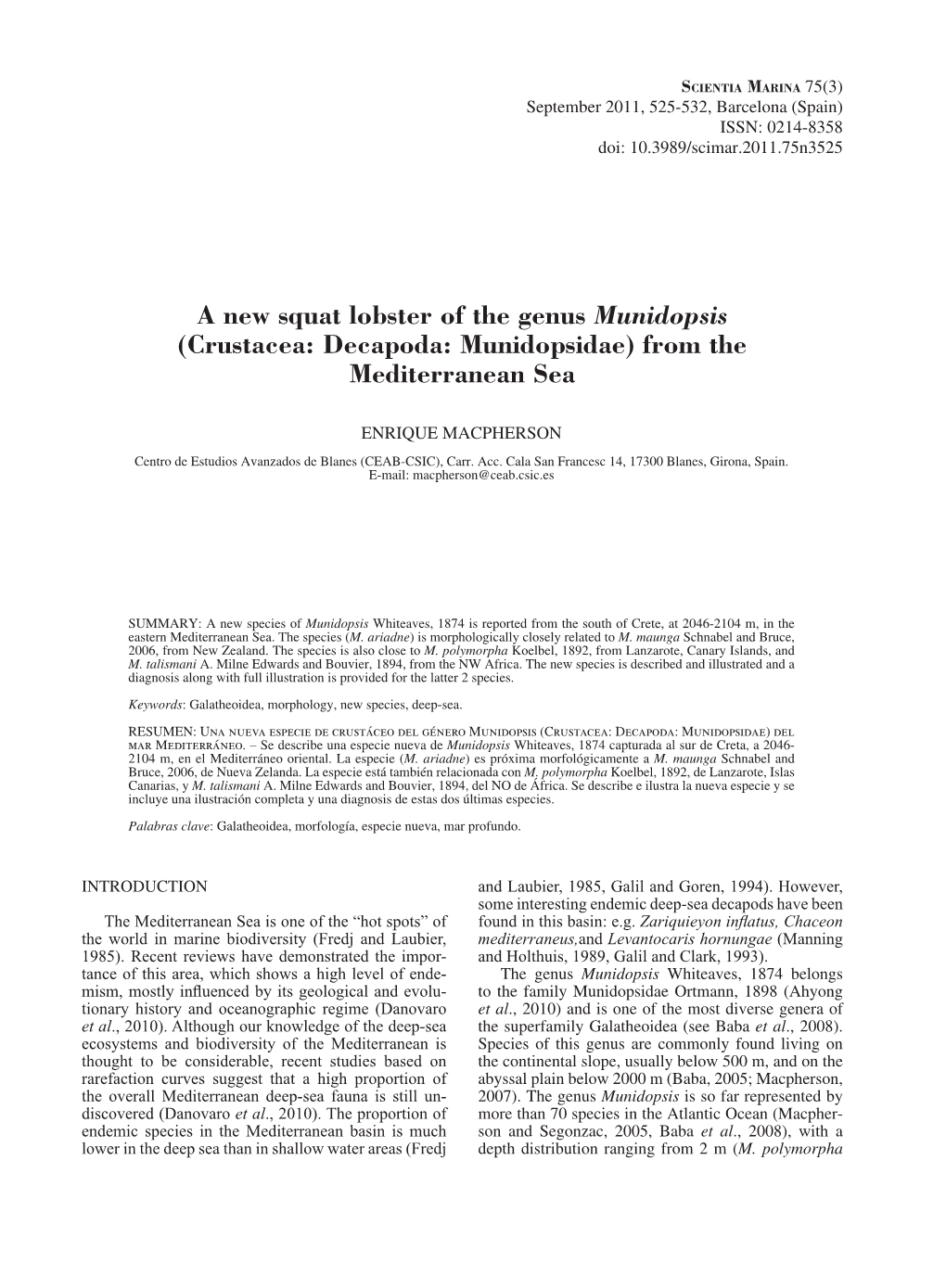 A New Squat Lobster of the Genus Munidopsis (Crustacea: Decapoda: Munidopsidae) from the Mediterranean Sea