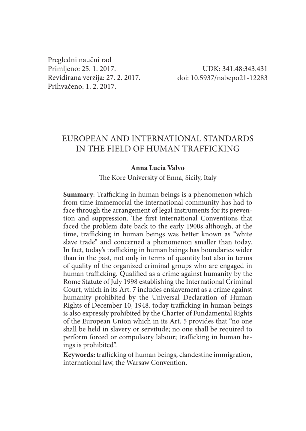 European and International Standards in the Field of Human Trafficking