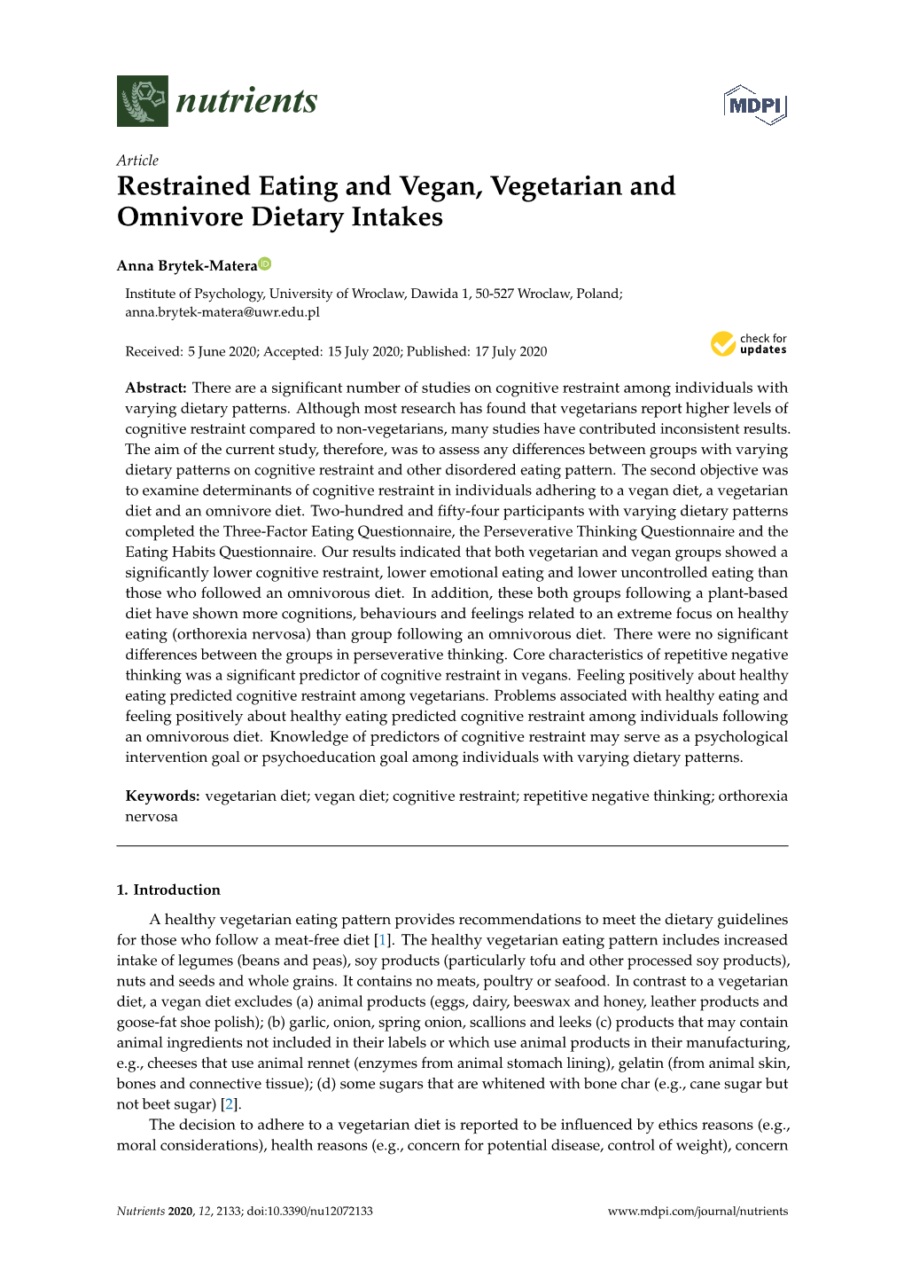 Restrained Eating and Vegan, Vegetarian and Omnivore Dietary Intakes