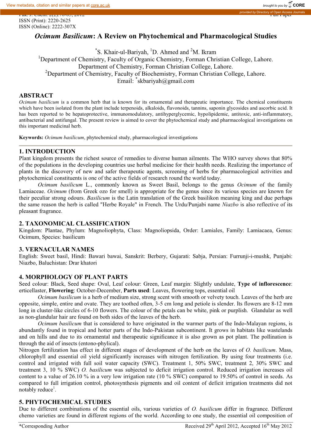 Ocimum Basilicum: a Review on Phytochemical and Pharmacological Studies