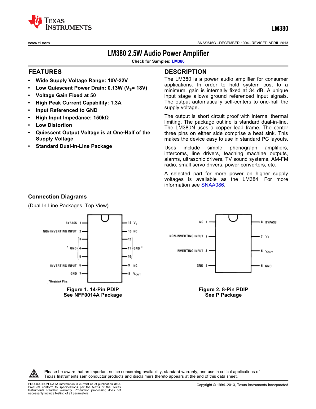 LM380 2.5W Audio Power Amplifier Datasheet (Rev. C)