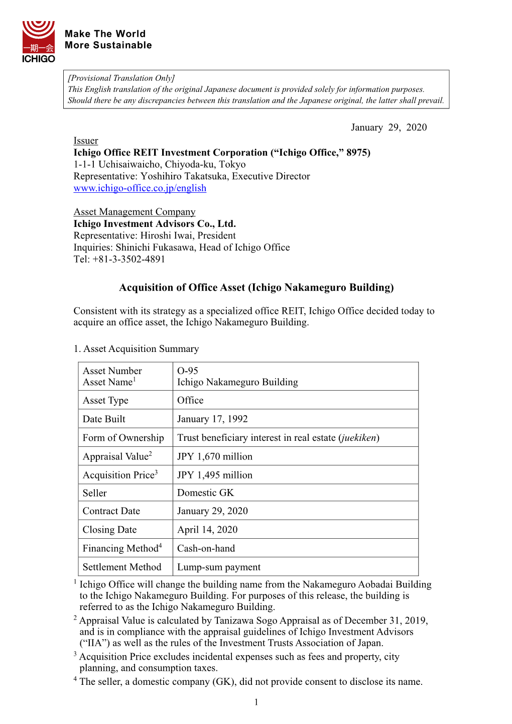 Acquisition of Office Asset (Ichigo Nakameguro Building)