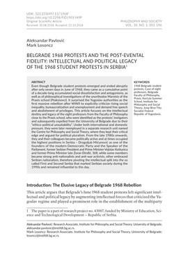 Belgrade 1968 Protests and the Post-Evental Fidelity: Intellectual and Political Legacy of the 1968 Student Protests in Serbia1