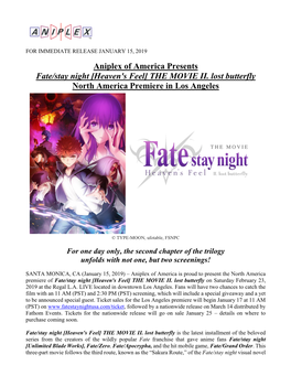 Aniplex of America Presents Fate Stay Night Heaven's Feel II. Lost Butterfly