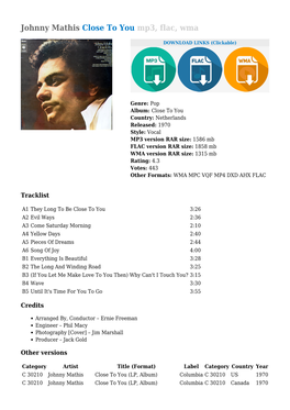 Johnny Mathis Close to You Mp3, Flac, Wma