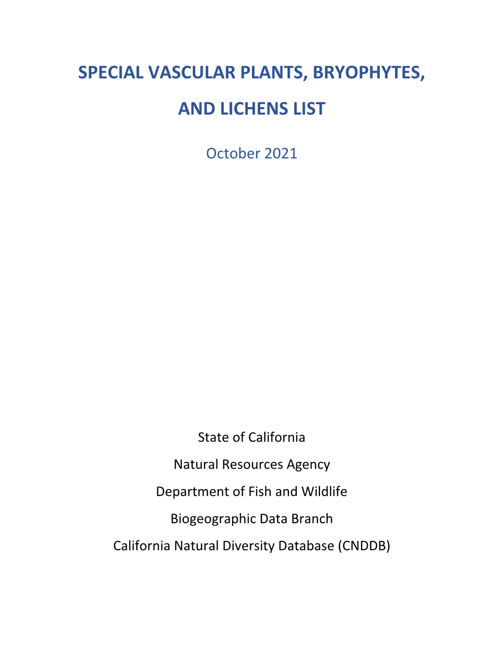 Special Vascular Plants, Bryophytes, and Lichens List