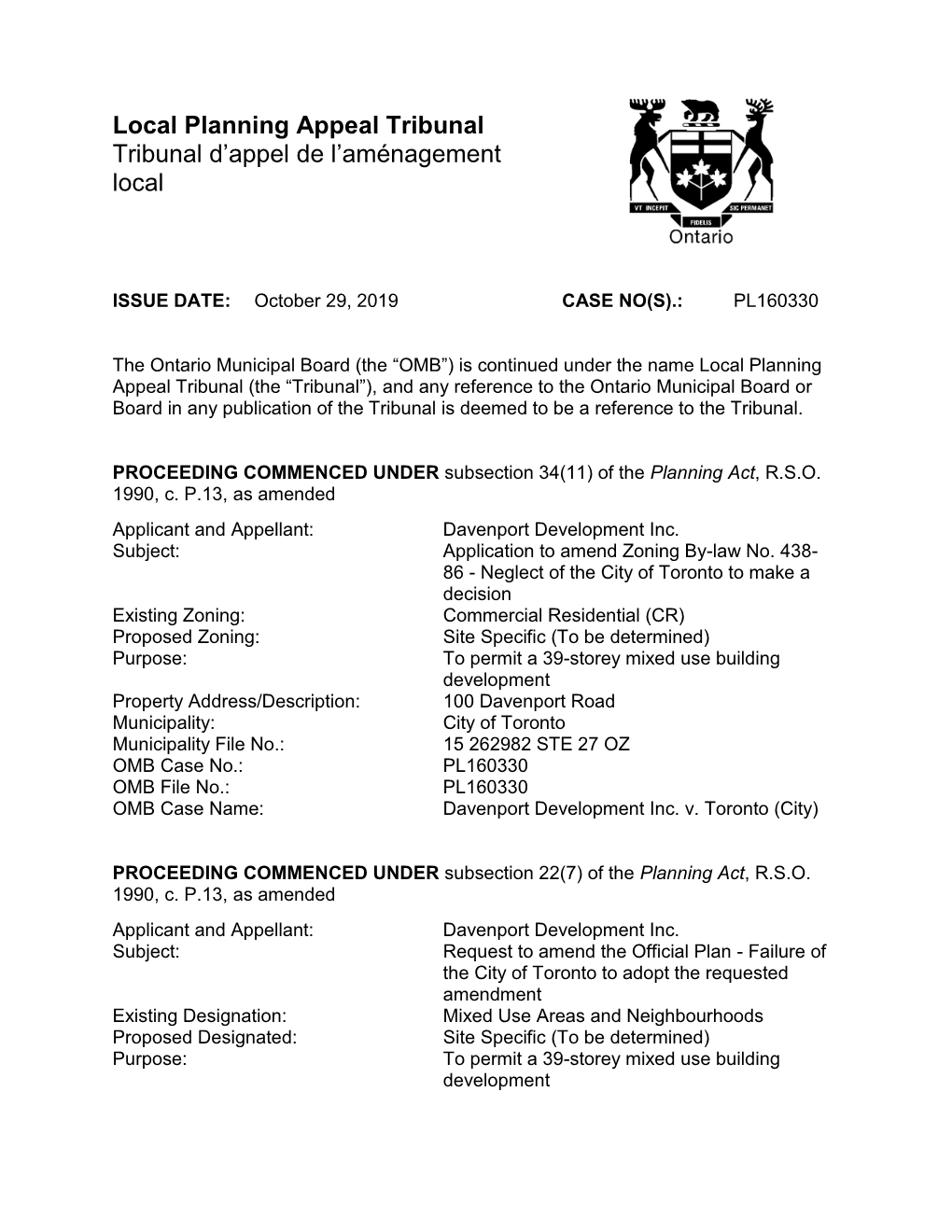 Local Planning Appeal Tribunal Tribunal D’Appel De L’Aménagement Local