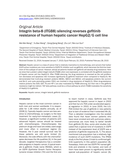 Original Article Integrin Beta-8 (ITGB8) Silencing Reverses Gefitinib Resistance of Human Hepatic Cancer Hepg2/G Cell Line