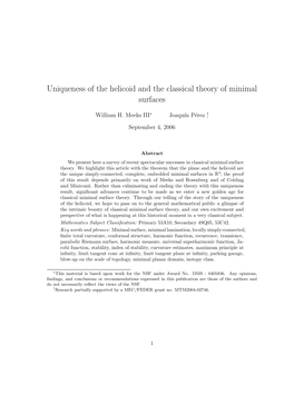 Uniqueness of the Helicoid and the Classical Theory of Minimal Surfaces