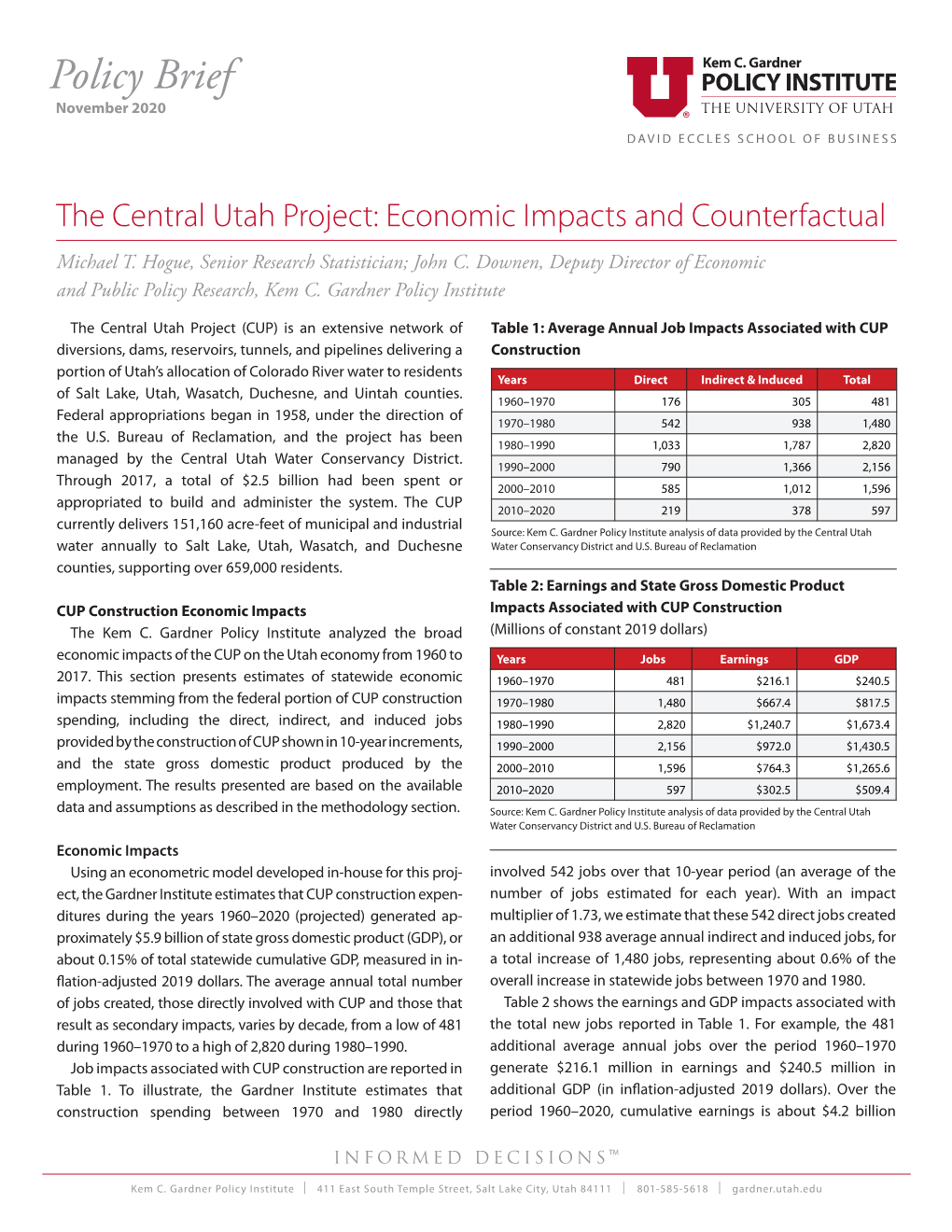 The Central Utah Project: Economic Impacts and Counterfactual