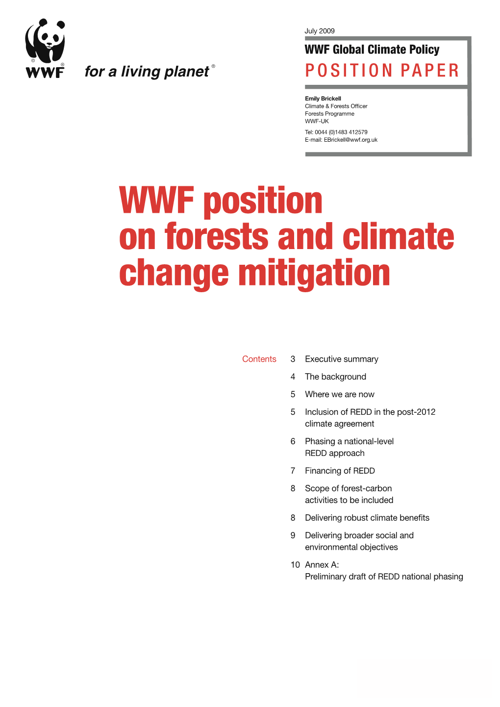 WWF Position on Forests and Climate Change Mitigation
