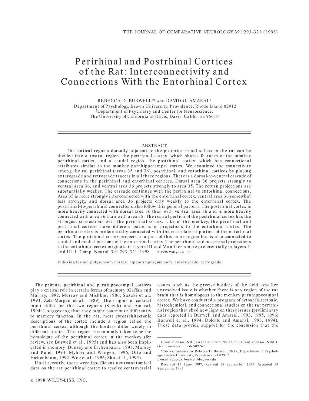 Perirhinal and Postrhinal Cortices of the Rat: Interconnectivity and Connections with the Entorhinal Cortex