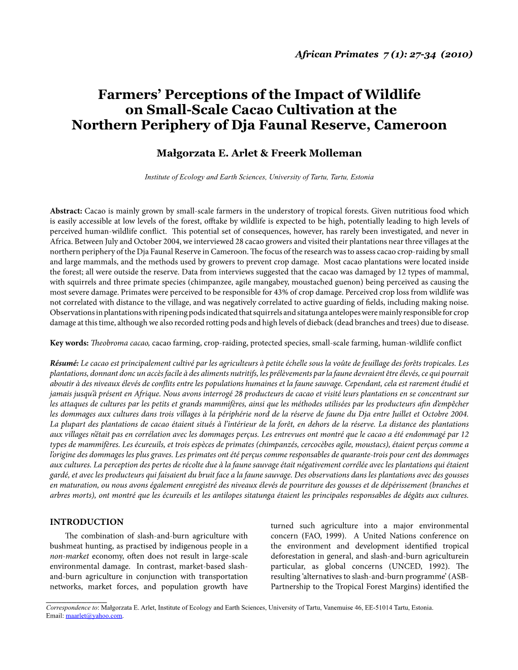 Farmers' Perceptions of the Impact of Wildlife on Small-Scale Cacao