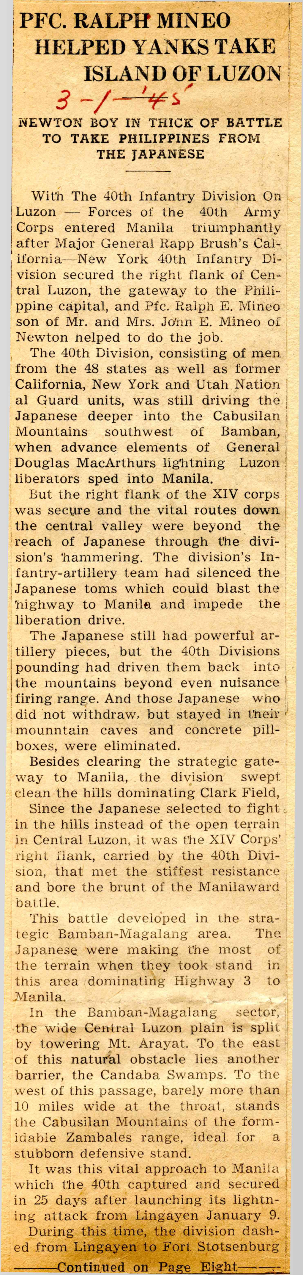 Jpfc. RALPH MINEO | HELPED YANKS TAKE | ISLAND of LUZON 3 - / — V * ' NEWTON BOY in THICK of BATTLE to TAKE PHILIPPINES from the JAPANESE