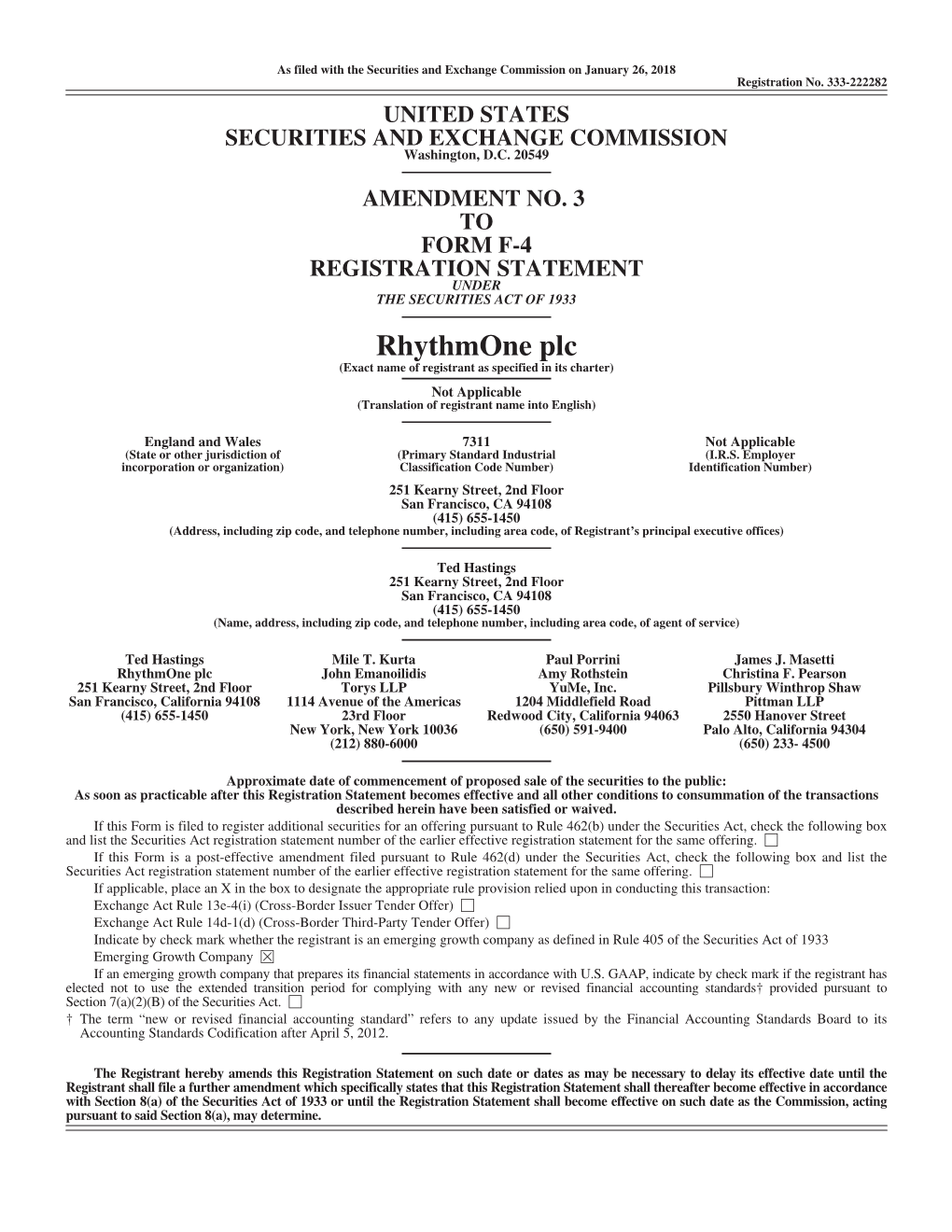 Rhythmone Plc (Exact Name of Registrant As Specified in Its Charter) Not Applicable (Translation of Registrant Name Into English)