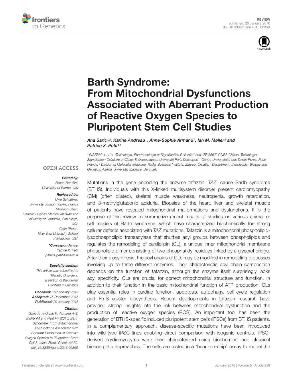 Barth Syndrome: from Mitochondrial Dysfunctions Associated with Aberrant Production of Reactive Oxygen Species to Pluripotent Stem Cell Studies