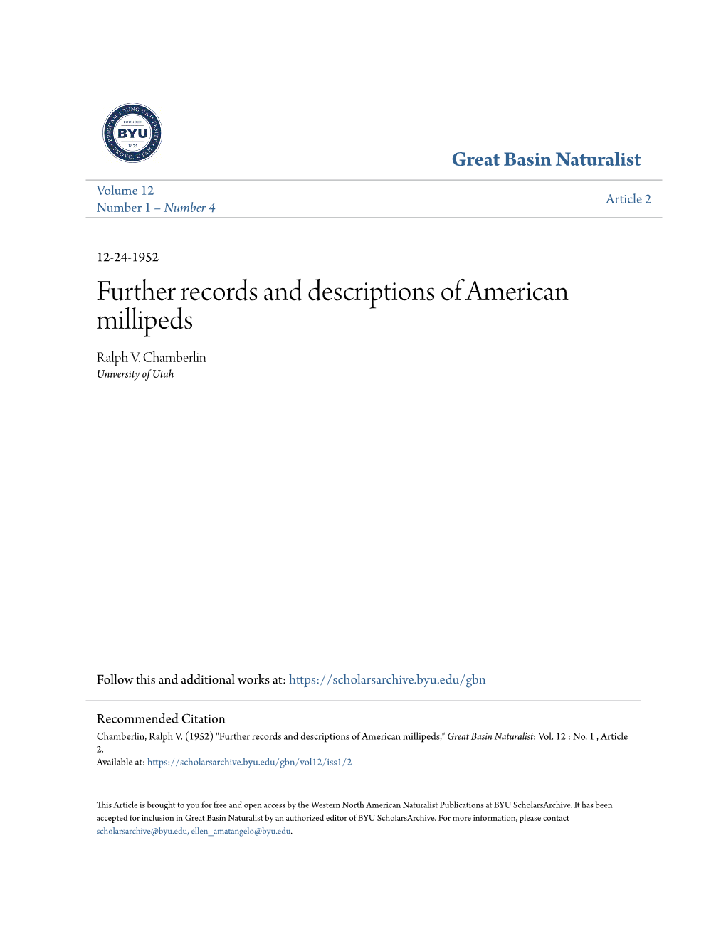 Further Records and Descriptions of American Millipeds Ralph V