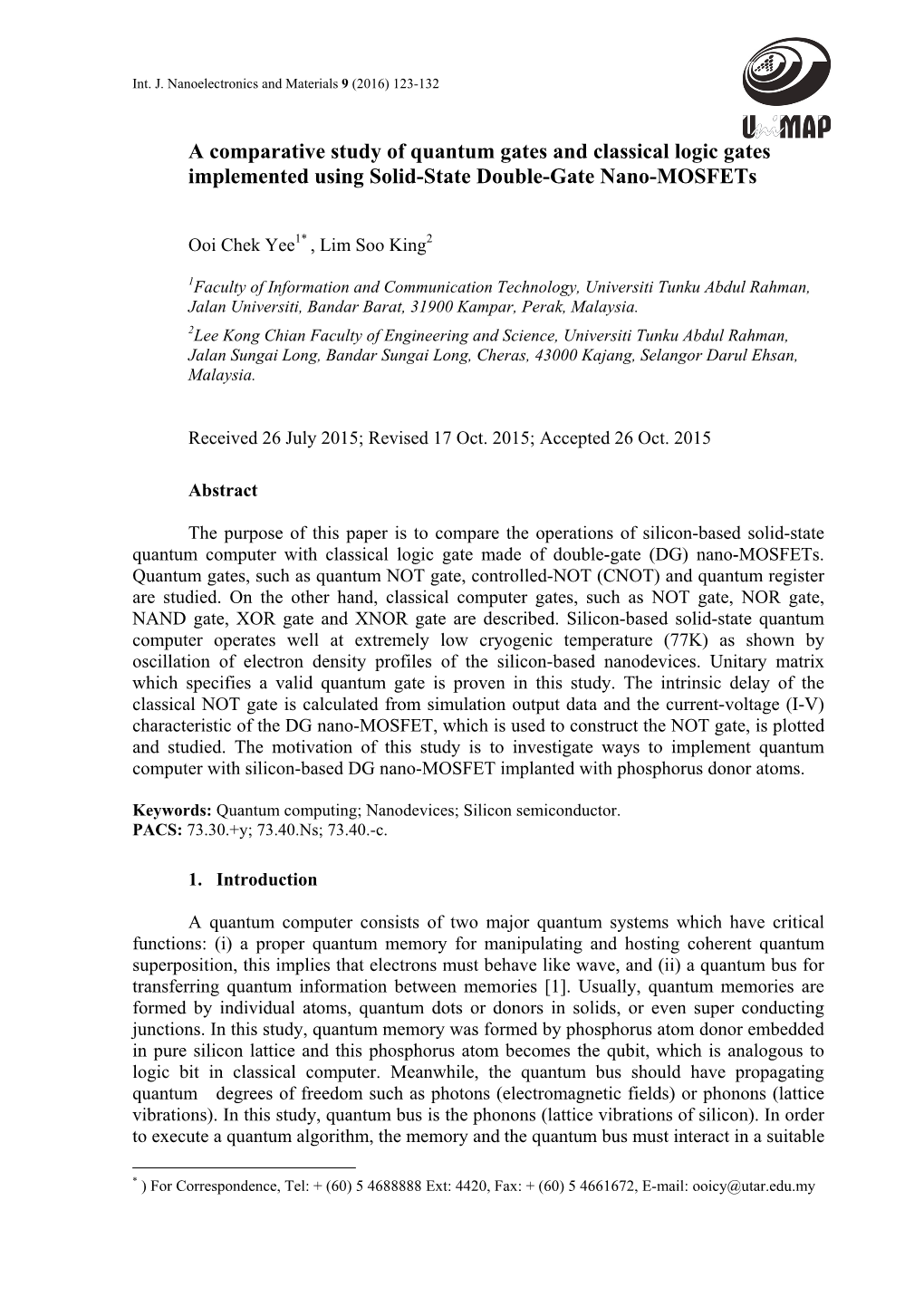 A Comparative Study of Quantum Gates and Classical Logic Gates Implemented Using Solid-State Double-Gate Nano-Mosfets