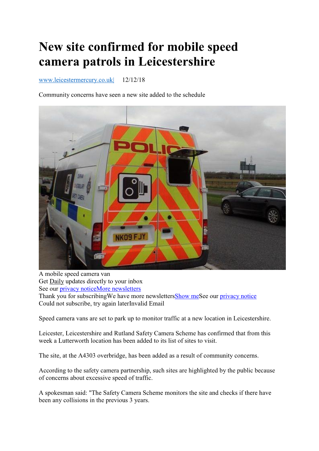 New Site Confirmed for Mobile Speed Camera Patrols in Leicestershire 12/12/18