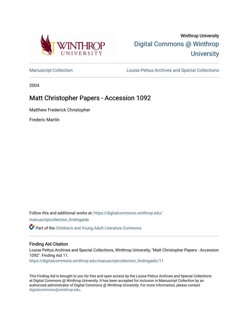Matt Christopher Papers - Accession 1092