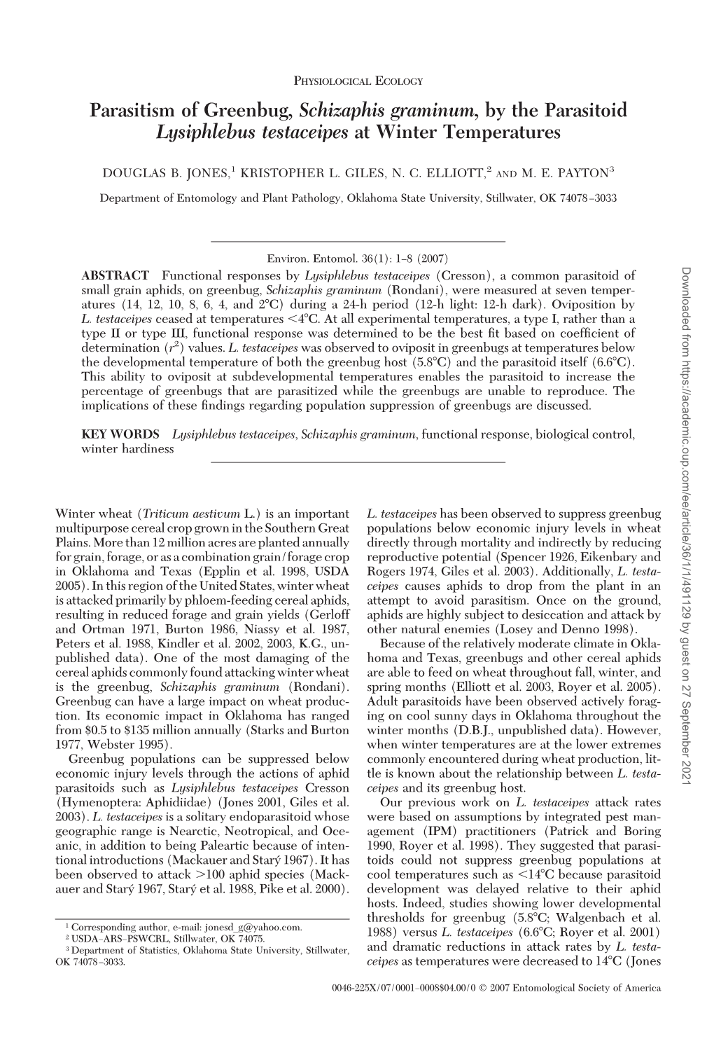 Parasitism of Greenbug, Schizaphis Graminum, by the Parasitoid Lysiphlebus Testaceipes at Winter Temperatures