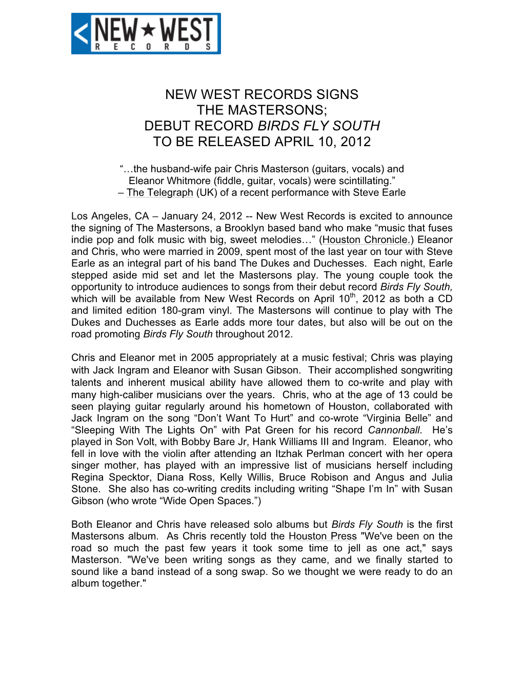 New West Records Signs the Mastersons; Debut Record Birds Fly South to Be Released April 10, 2012