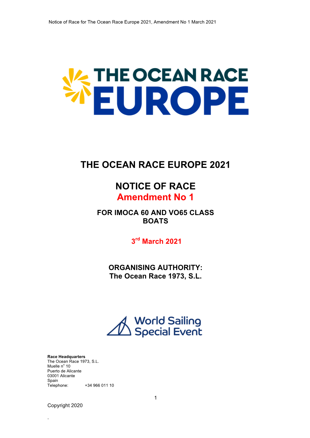 THE OCEAN RACE EUROPE 2021 NOTICE of RACE Amendment No 1