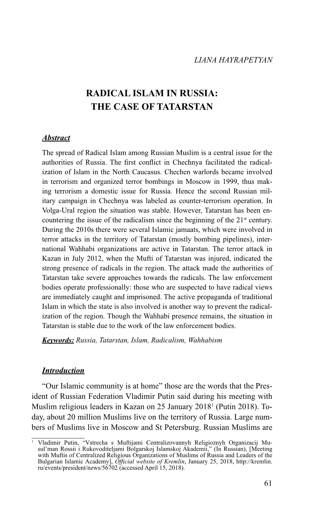 Radical Islam in Russia: the Case of Tatarstan